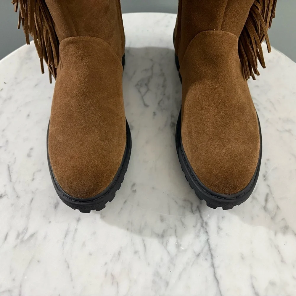 Sam Edelman Tilden Faux Fur Fringe Boots – Chestnut Suede w/ Snakeskin Trim